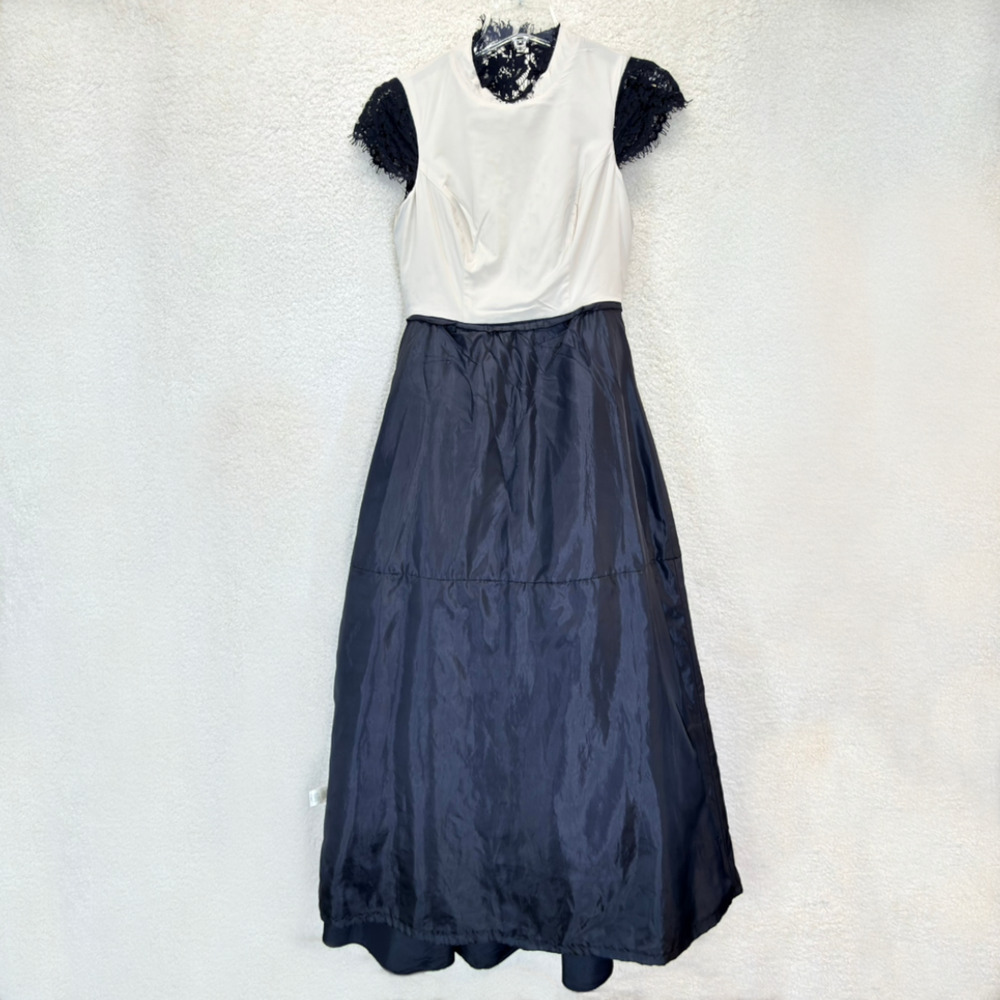 Eliza J Black Dress Size 6P Beaded Bodice Taffeta Gown Cap Sleeves Lace Formal - Picture 3 of 11